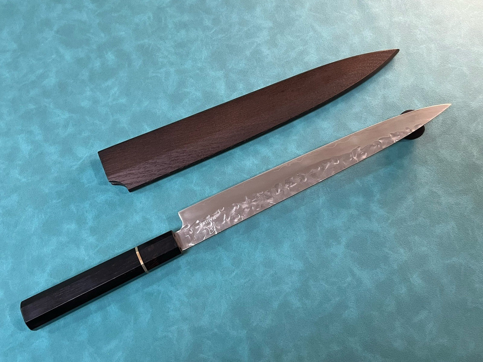 10.5 In 270mm Sujihiki Slicer Knife Hammered 10Cr Stainless Ebony Wa Handle Saya