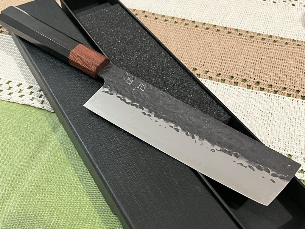 7" Nakiri Knife 9Cr18 Kurouchi Hammered Vegetable Cleaver Octagonal Wood Handle