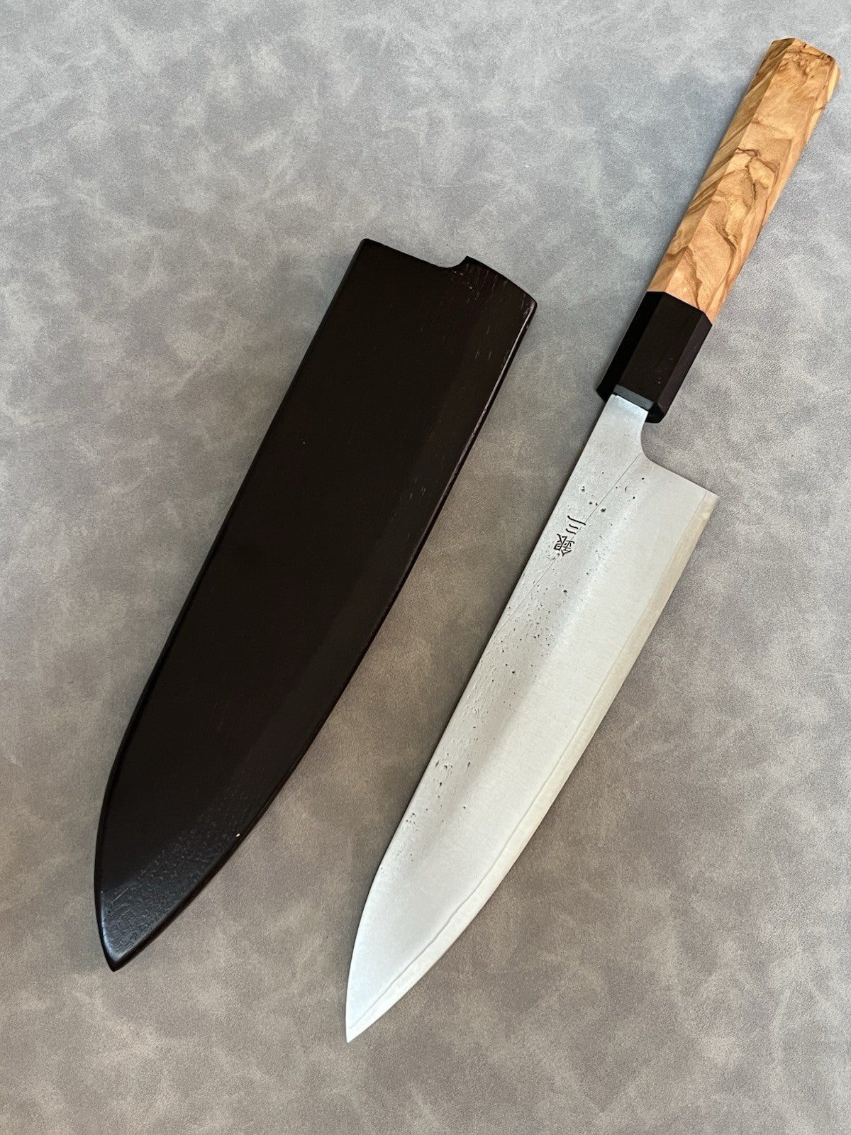 210mm 8" Gyuto Chef Knife Stainless Steel Nashiji Olive Wood Octagonal w/ Saya