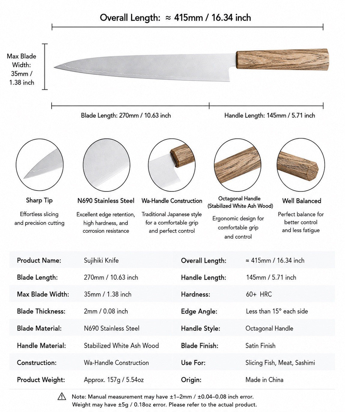 NAGIBA Sujihiki Sashimi Knife 270mm/10.5" N690 Japanese Style Wa Wood Handle