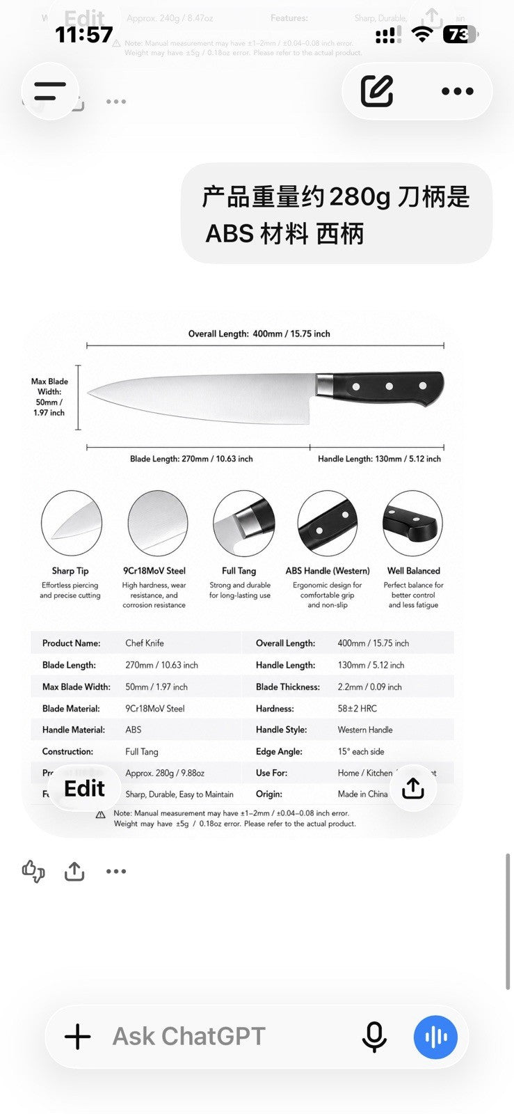 Gyuto 270mm 10.5" Chef Knife 9Cr18MoV Stainless Steel Kitchen Slicing Carving